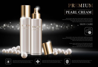 Yıllık indirimli yüz kremi ya da festival satışı için. Altın sarısı arka planda izole edilmiş beyaz inci ve altın rengi krema şişesi. Zarif kozmetik reklamları, illüstrasyon.