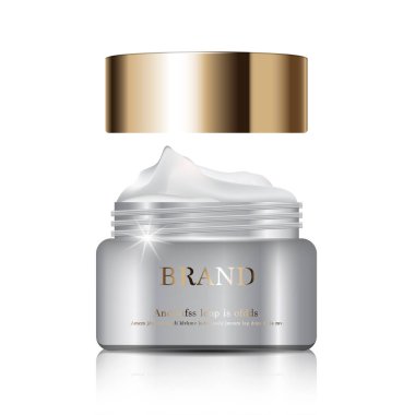 Yıllık indirimli yüz kremi ya da festival satışı için. Altın sarısı arka planda izole edilmiş beyaz ve altın rengi krema şişesi. Zarif kozmetik reklamları, illüstrasyon.