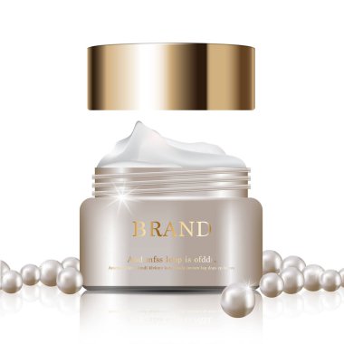 Yıllık indirimli yüz kremi ya da festival satışı için. Altın sarısı arka planda izole edilmiş beyaz inci ve altın rengi krema şişesi. Zarif kozmetik reklamları, illüstrasyon.