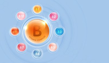 B vitamini kompleks mineraller. Eczane reklamı için diyet takviyesi, vitamin paketi tasarımı. Bilim doktoru konsepti. Güzellik tedavisi, beslenme, cilt tasarımı..