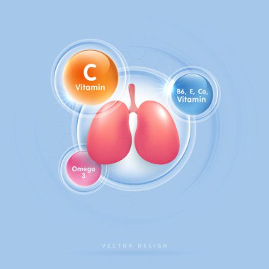 Akciğerler ve vitaminler sağlıklı akciğerler için. C, E, B6, Ca ve Omega 3 vitaminleri. Tıbbi gıda takviyesi. Sağlık sigortası. vektör tasarımı.