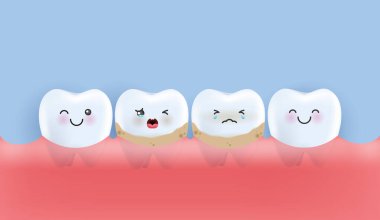 Diş büyük, sağlıksız diş plaklarını, pulları, delme plaklarını ve dişlerini tedavi ediyor. Çocuklar için diş karakteri. Tıbbi uygulamalar, internet siteleri ve hastane için sevimli dişçi maskotu. vektör tasarımı.