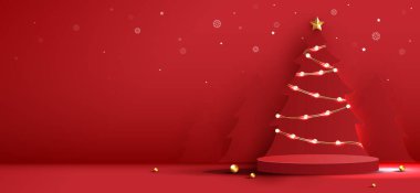 Noel ya da Yeni Yıl için kozmetik ürünler sergisi için podyum şekli. Kırmızı arka planda ağaç Noel 'i ile ürün gösterisi yapın. vektör tasarımı.