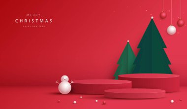 Noel ya da Yeni Yıl için kozmetik ürünler sergisi için podyum şekli. Kırmızı arka planda ağaç Noel 'i ile ürün gösterisi yapın. vektör tasarımı.