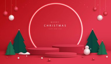 Noel ya da Yeni Yıl için kozmetik ürünler sergisi için podyum şekli. Kırmızı arka planda ağaç Noel 'i ile ürün gösterisi yapın. vektör tasarımı.