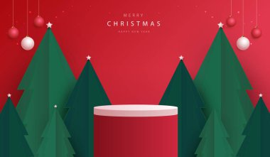 Noel ya da Yeni Yıl için kozmetik ürünler sergisi için podyum şekli. Kırmızı arka planda ağaç Noel 'i ile ürün gösterisi yapın. vektör tasarımı.