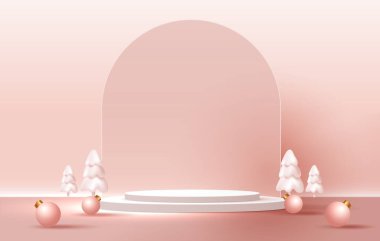 Noel ya da Yeni Yıl için kozmetik ürünler sergisi için podyum şekli. Kırmızı arka planda ağaç Noel 'i ile ürün gösterisi yapın. vektör tasarımı.