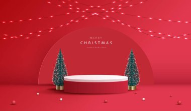 Noel 'de ya da yeni yılda kozmetik ürünleri sergilemek için podyum şekli. Kırmızı arka planda, ağaç Noel 'i, altın top ve ışık eşliğinde ürünler sergilenecek. vektör tasarımı.
