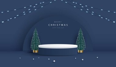 Noel 'de ya da yeni yılda kozmetik ürünleri sergilemek için podyum şekli. Mavi arka planda ağaç, top ve ışık yılbaşı eşliğinde ürün sergilenecek. vektör tasarımı.