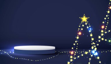 Noel ya da Yeni Yıl için kozmetik ürünler sergisi için podyum şekli. Mavi arka planda ışık ağacı Noel 'i ile ürün gösterisi yapın. vektör tasarımı.