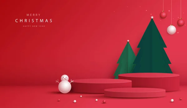 Noel ya da Yeni Yıl için kozmetik ürünler sergisi için podyum şekli. Kırmızı arka planda ağaç Noel 'i ile ürün gösterisi yapın. vektör tasarımı.