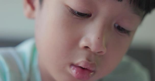 Siyah Saçlı Gülümseyen Yüzlü Asyalı Bir Çocuk Evinde Akıllı Telefonuyla — Stok video