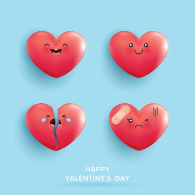 Sevgililer Günün kutlu olsun, ikon kalp sembolü aşkı kur. Mavi arka planda sevimli kalpler kırmızı çizgi film. Kalp şeklindeki karikatürün duygusal yüzü. Mutlu, üzgün, ağlayan, incinmiş. vektör çizimi tasarımı.