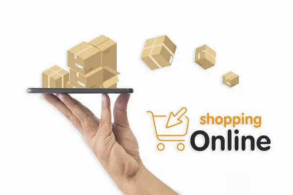 Close-up Man\'s hand holds a smartphone and a package floats out of his phone. online shopping offers, isolated on a white background. Concept of Marketing, Shopping, technology, connection, social.