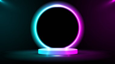 Podyum ya da bilim-kurgu 'da çizgi gradyanı olan neon ile ayakta dur. Pembe ve mavi neon çerçeveli soyut bir sahne. vektör ürün görüntüleme. Fütüristik minimal sahne. vektör tasarımı.