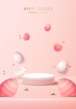 Pembe Paskalya arkaplanınız ve ürün tanıtım ve paketleme sunumunuz için kağıt sanat podyumunuz kutlu olsun. Yumurta ve tavşan arkaplanlı stüdyo sahnesi. vektör tasarımı.