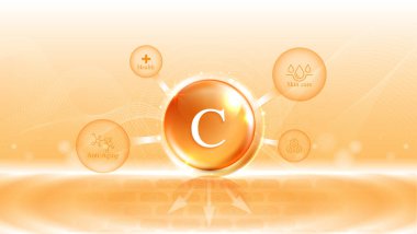 C vitamini C vitamini ve krem kolajen kompleksi serumdan elde edilir. Cilt bakımı vitaminleri. Doğal cilt bakımı kozmetik kolajeni uyarır. vektör tasarımı.