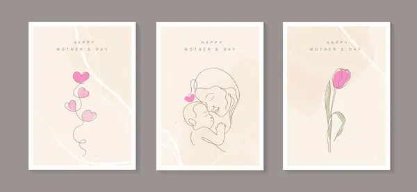 母亲节快乐 有线条艺术的孩子 花和心 妈妈抱着她的孩子 手绘快乐国际母亲节卡片 关爱家庭 为人父母童年的概念 图库插图