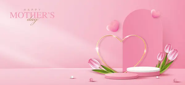 Подиум День Матери День Святого Валентина Сердцем Цветами Минимальный Розовый Стоковая Иллюстрация