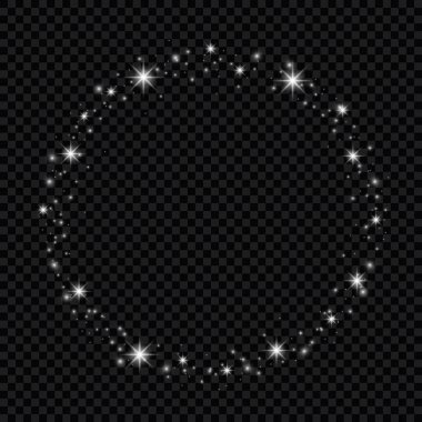 Parlayan yıldızların patlaması, yanıp sönen ışıklar. Siyah arka planda farklı ışık efektlerinin toplanması. Saydam lens parlamaları ve aydınlatma efektleri. vektör tasarımı.