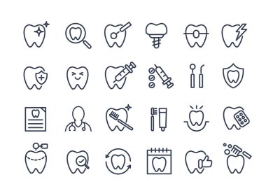 Diş simgesi seti. Diş, dişçi, diş macunu, diş fırçası, diş implantı ve diş implantı ikonları içeriyor. Çocuk dişçi kliniğinde kullanılabilir. tıbbi sağlık ve dişçilik kavramı.
