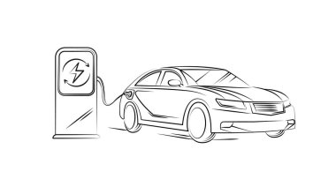 Şarj istasyonları yeşil konseptiyle çizilmiş elektrikli otomobil hattı. Sürdürülebilir kaynaktan üretilen yenilenebilir enerji ve ekolojik güç. EV eklenti istasyonu. Teknolojik elektrikli araba. vektör tasarımı.