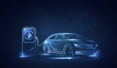 EV. Elektrikli araba mavi arka plandaki şarj istasyonuna bağlanıyor. Eko güç, EV şarj aleti, alternatif enerji, şarj edilebilir pil, otomobil endüstrisi, gelecekteki teknoloji. vektör.