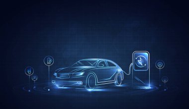 EV. Elektrikli araba mavi arka plandaki şarj istasyonuna bağlanıyor. Eko güç, EV şarj aleti, alternatif enerji, şarj edilebilir pil, otomobil endüstrisi, gelecekteki teknoloji. vektör.