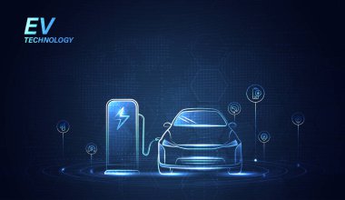 EV. Elektrikli araba mavi arka plandaki şarj istasyonuna bağlanıyor. Eko güç, EV şarj aleti, alternatif enerji, şarj edilebilir pil, otomobil endüstrisi, gelecekteki teknoloji. vektör.