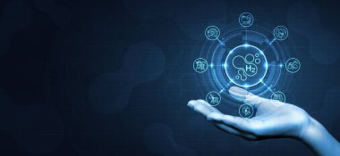 İkonlu hidrojen H2 üretimi. Yenilenebilir enerji kaynağı. Yenilenebilir Eko enerji. Hidrojen enerjisi, şeffaf tarzda su molekülü ile yenilenebilir elektrikten güç alır. vektör tasarımı.