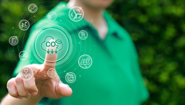 Elle nokta nokta karbondioksit, ESG ve net sıfır. İklim değişikliği ve küresel ısınmayı sınırlamak için karbon azaltma stratejisi ve eylem. Dünya Çevre Günü, Dünya Günü. yeşil iş. 