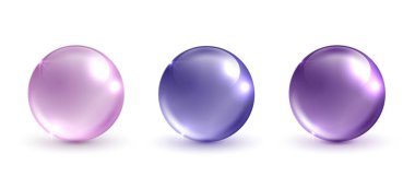 Cam kozmetik topu, beyaz arka planda parlak ve mor cam toplar koleksiyonu. vektör dairesi.
