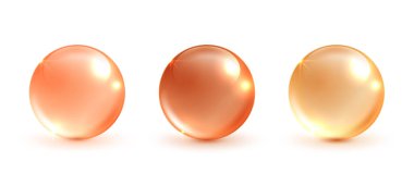 Cam kozmetik topu ve C vitamini, beyaz arka planda parlak ve turuncu cam toplar koleksiyonu. vektör dairesi.