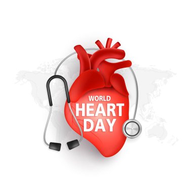 Dünya Kalp Günü konsepti. Stetoskop ile kalp atışı, kalp atışı, kalp dalgası, sağlık kontrolü. Kalp sorunları, koroner arter hastalığı. vektör tasarımı.
