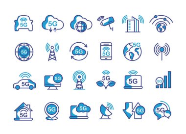Teknoloji, 5G simgesi seti. Wi-Fi, internet, iot, bulut, teknoloji, akıllı ev, ağ, bağlantı ve bulut hesaplama gibi. vektör illüstrasyonu.