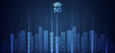5G ağ kablosuz sistemleri ve internet teknolojisi kavramı. Akıllı şehir iletişim ağı. 5G kablosuz mobil internet kablosuz bağlantı veri kavramı. vektör.