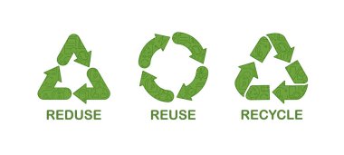 Azaltma, yeniden kullanma, geri dönüşüm sembolü. Ekolojik kavram. Ekolojik atık yönetimi ve sürdürülebilir ve ekonomik bir yaşam tarzı. Nakledilen mallar hakkında bilgi geri dönüşümü işareti. vektör.