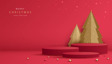 Noel 'de ya da yeni yılda kozmetik ürünleri sergilemek için podyum şekli. Kırmızı zemin üzerinde yılbaşı ışıklandırmalı ürün sergisi. vektör tasarımı.
