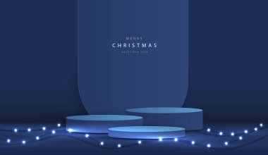 Noel 'de ya da yeni yılda kozmetik ürünleri sergilemek için podyum şekli. Kırmızı zemin üzerinde yılbaşı ışıklandırmalı ürün sergisi. vektör tasarımı.