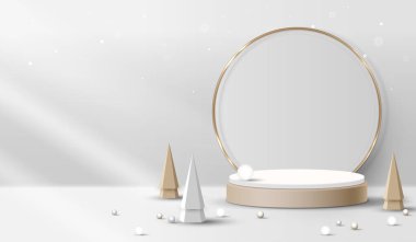 Noel 'de ya da yeni yılda kozmetik ürünleri sergilemek için podyum şekli. Kırmızı zemin üzerinde yılbaşı ışıklandırmalı ürün sergisi. vektör tasarımı.