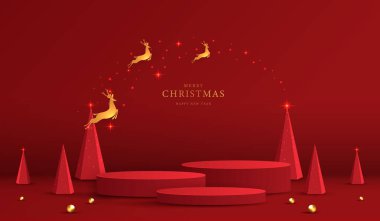 Noel 'de ya da yeni yılda kozmetik ürünleri sergilemek için podyum şekli. Kırmızı zemin üzerinde yılbaşı ışıklandırmalı ürün sergisi. vektör tasarımı.