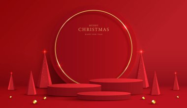 Noel 'de ya da yeni yılda kozmetik ürünleri sergilemek için podyum şekli. Kırmızı zemin üzerinde yılbaşı ışıklandırmalı ürün sergisi. vektör tasarımı.