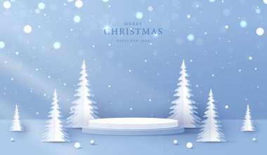 Noel 'de ya da yeni yılda kozmetik ürünleri sergilemek için podyum şekli. Mavi arka planda yılbaşı ışıklandırmalı ürün sergisi. vektör tasarımı.