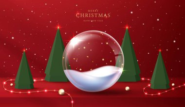 Noel 'de ya da yeni yılda kozmetik ürünleri sergilemek için podyum şekli. Kırmızı zemin üzerinde yılbaşı ışıklandırmalı ürün sergisi. vektör tasarımı.