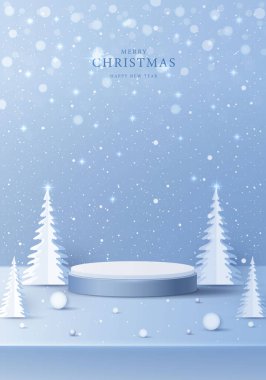 Noel 'de ya da yeni yılda kozmetik ürünleri sergilemek için podyum şekli. Mavi arka planda yılbaşı ışıklandırmalı ürün sergisi. vektör tasarımı.