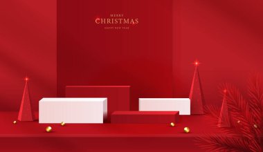 Noel 'de ya da yeni yılda kozmetik ürünleri sergilemek için podyum şekli. Kırmızı zemin üzerinde yılbaşı ışıklandırmalı ürün sergisi. vektör tasarımı.