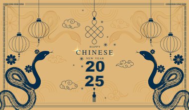 Çin yeni yılı 2025 modern sanat tasarımı mavi altın arka planda. Kapak, kart, poster sitesi, takvim ve afiş için yeni yıl 2025. Yılanın sembolü. vektör tasarımı.