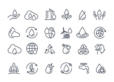 Çizgi simgesi setiyle Dünya Su Günü. Su damlası, tedavi, kanalizasyon, geri dönüşüm, taze, çevresel sürdürülebilirlikte su tasarrufu, çevreyi koruma. vektör tasarımı.