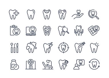 Diş simgesi seti. Diş, dişçi, diş macunu, diş fırçası, diş implantı ve diş implantı ikonları içeriyor. Çocuk dişçi kliniğinde kullanılabilir. Tıbbi sağlık ve dişçilik konsepti. vektör.