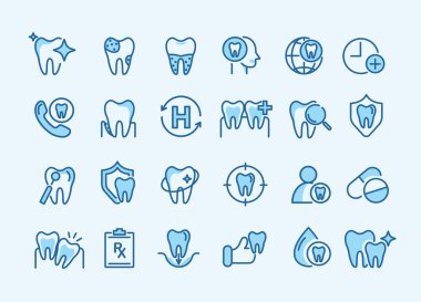 Diş simgesi seti. Diş, dişçi, diş macunu, diş fırçası, diş implantı ve diş implantı ikonları içeriyor. Çocuk dişçi kliniğinde kullanılabilir. Tıbbi sağlık ve dişçilik konsepti. vektör.